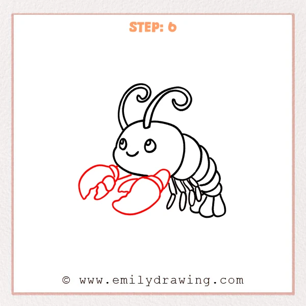 how to draw a cartoon lobster - A cute cartoon lobster now has two large front claws added, with curved openings and overlapping shapes for depth.